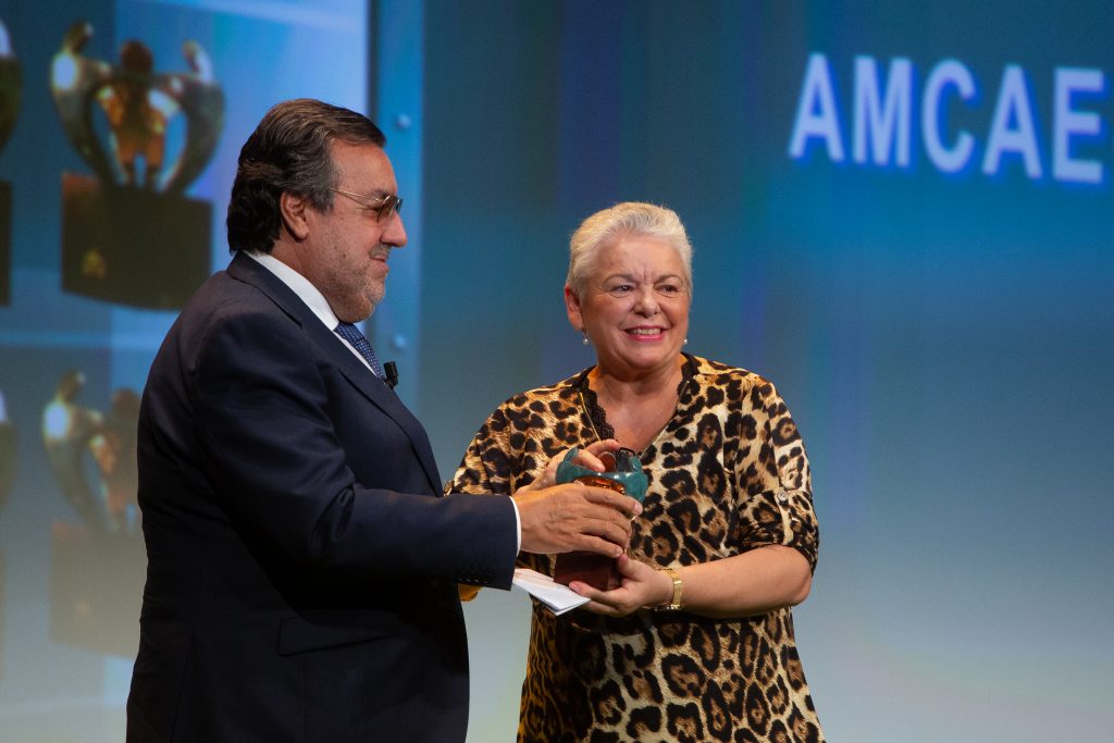 El presidente del Grupo Social ONCE, Miguel Carballeda, entrega el premio a Pilar Gómez, presidenta de AMCAE